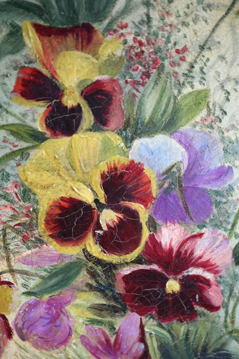 Original Français peinture à l'huile par M Carriere Art floral antique nature morte pensées image 4