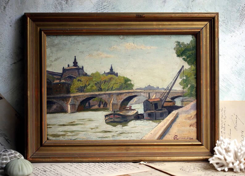 Antique Oil Painting by Henri Grandjean Barge on the Banks of the Seine