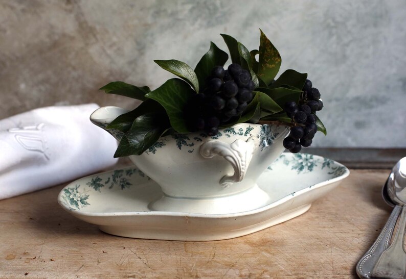 Antique French Ironstone Green Transferware Gravy Boat Sauce Etsy