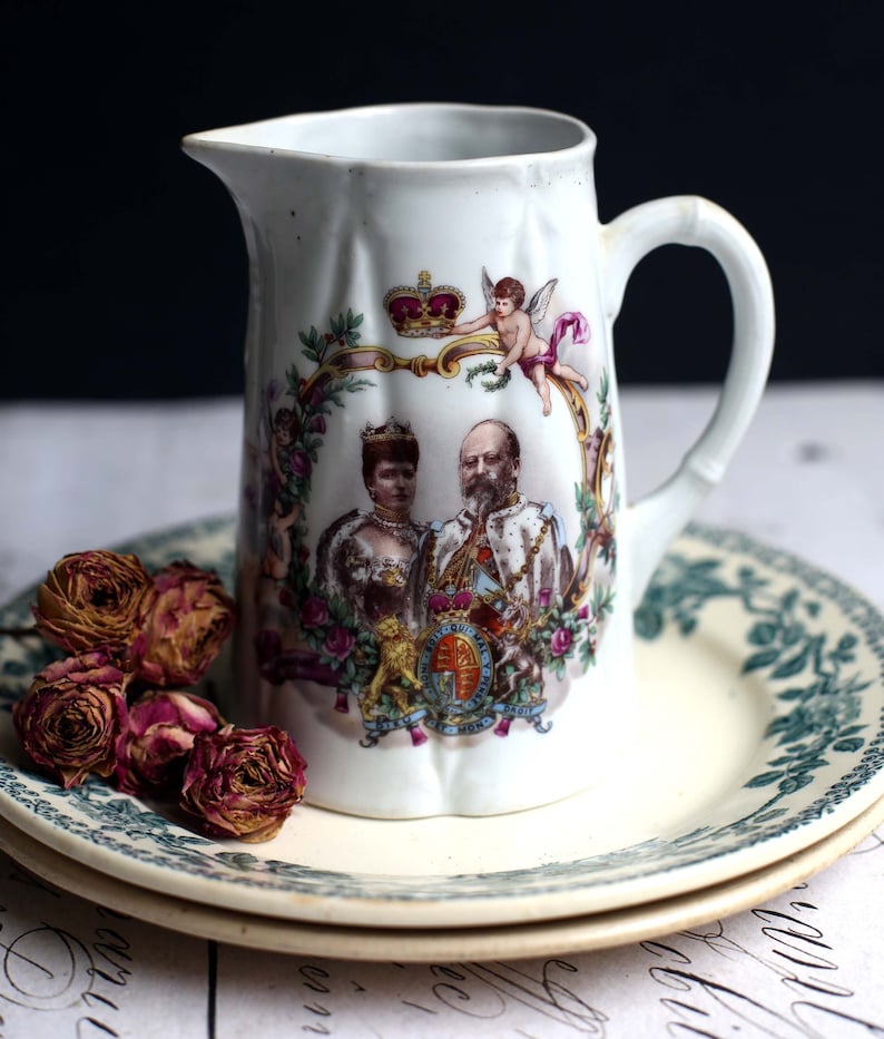 1902 Souvenir Jug Coronation of King Edward VII and Queen Alexandria Antique Porcelain Pitcher Vintage Memorabilia Royalty image 1