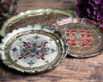 3 Antique Florentine Trays Italian Hand Painted Drinks Trays Pink & Gold Vintage Barware Hollywood Regency Italian Serving Platters