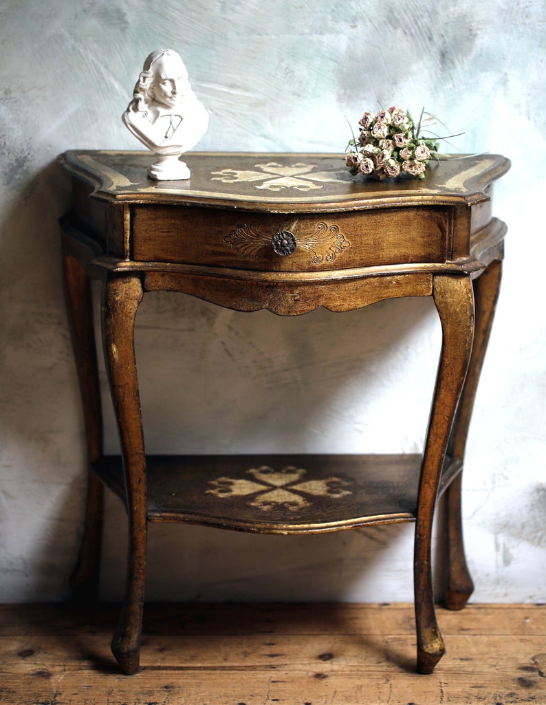 Florentine Console Nightstand/Dresser Wooden Bedside Cabinet Italian Vintage White & Gold image 2