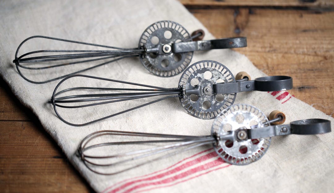 3 Kitchen Whisks Vintage Manual Hand Balloon Rotary Wire Mixers Egg ...