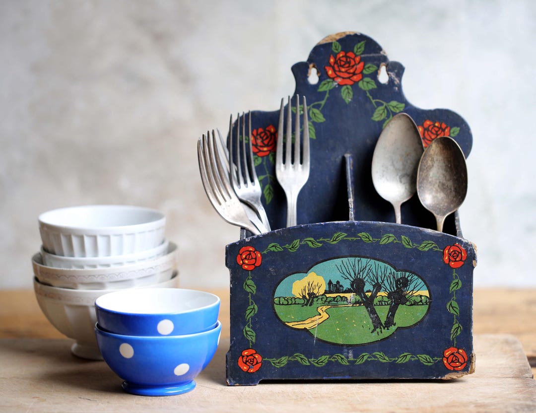 Art Deco Wooden Cutlery Holder Antique French Utensil Storage Blue Wall ...