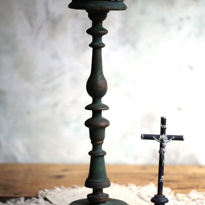 Antique Candlestick Large Green Painted Carved Wooden French Church Alter Candle Holder image 3