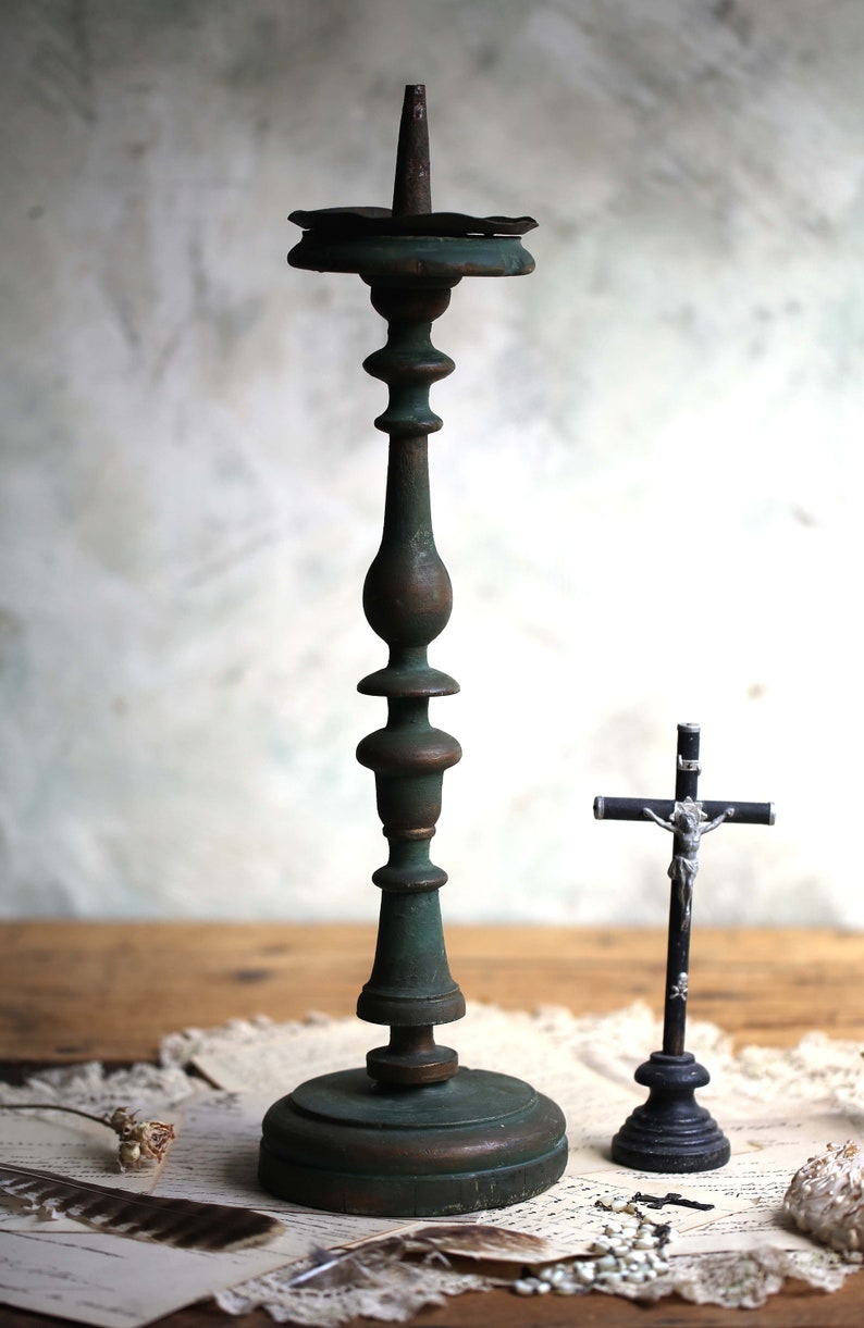 Antique Candlestick Large Green Painted Carved Wooden French Church Alter Candle Holder image 3