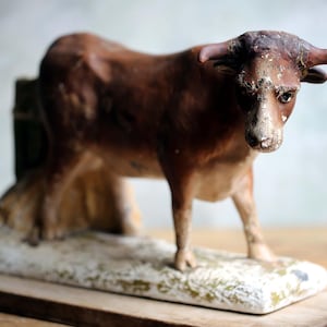 HUGE Plaster Cow Large Antique Bull Statue Butcher Shop Display Figure Nativity Animal