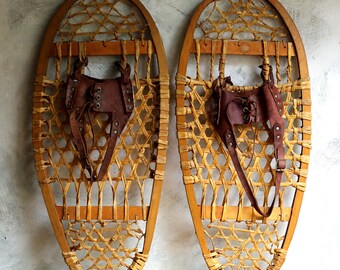 Pair of Antique Snow Shoes Wooden Canadian Bear Paw Style