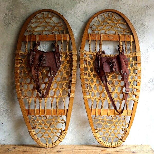 Pair of Antique Snow Shoes Wooden Canadian Bear Paw Style