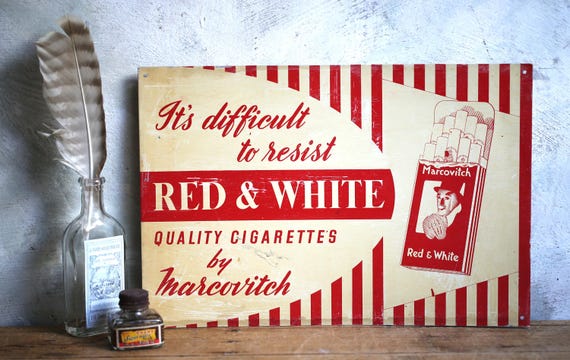 Vintage Cigarette Sign Red & White Serigraph Marcovitch Advertising Plaque 