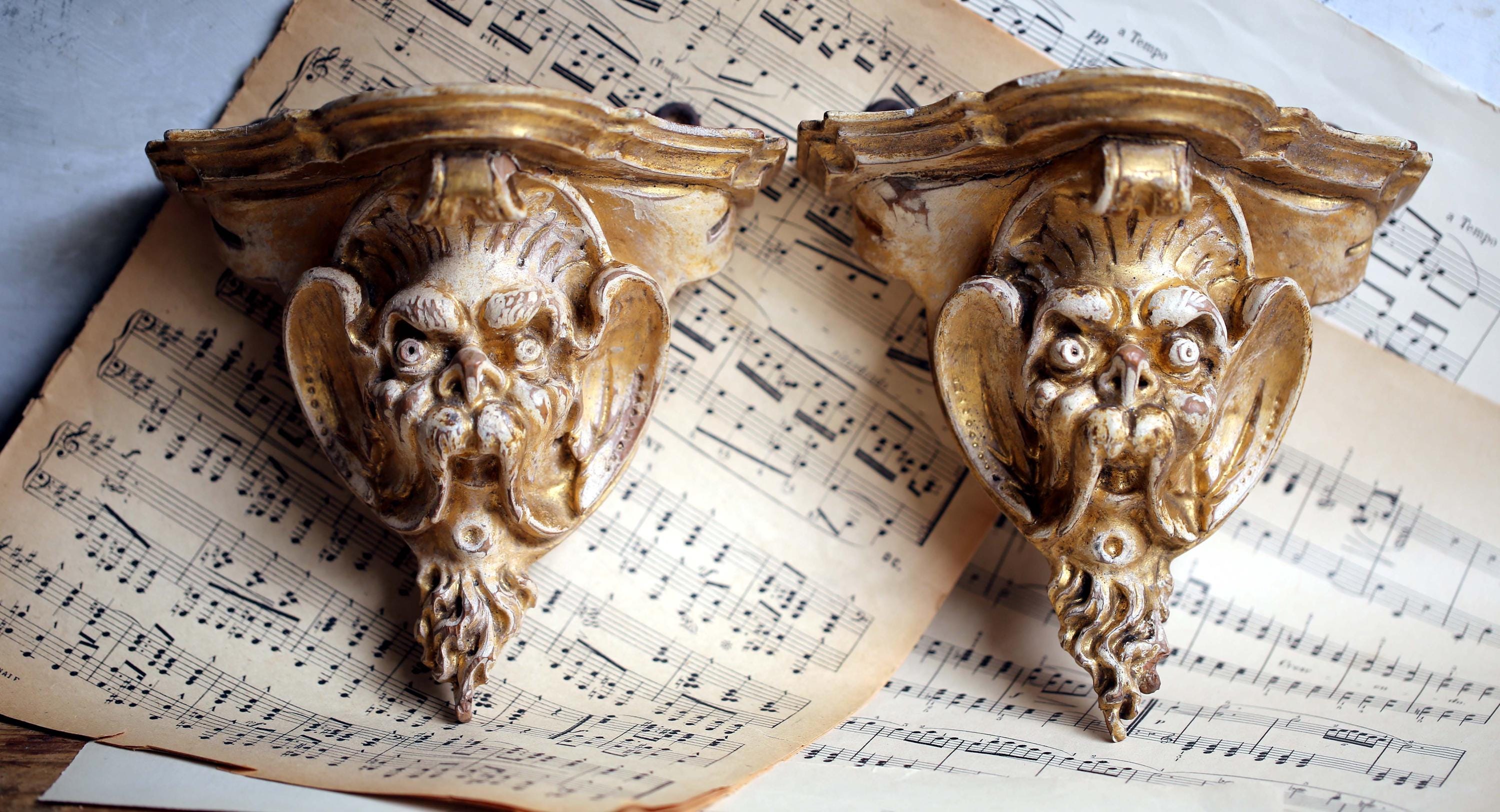 Antique French Corbels: Renaissance Revival Grotesque Faces Carved Wood ...