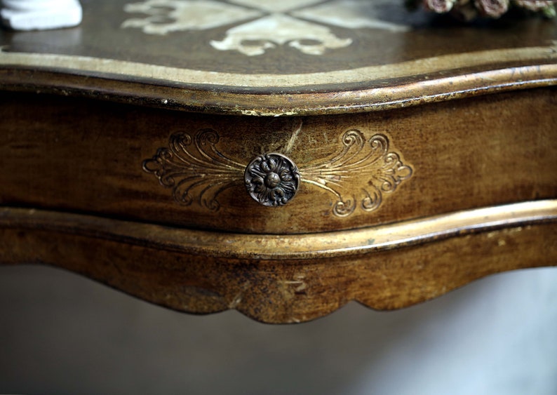 Florentine Console Nightstand/Dresser Wooden Bedside Cabinet Italian Vintage White & Gold image 3