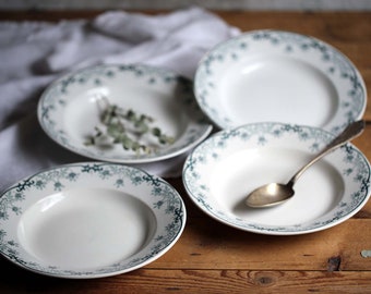 Set of 4 Antique Bowls French Art Nouveau Green Transferware Round Dishes Bleriot Saint Amand