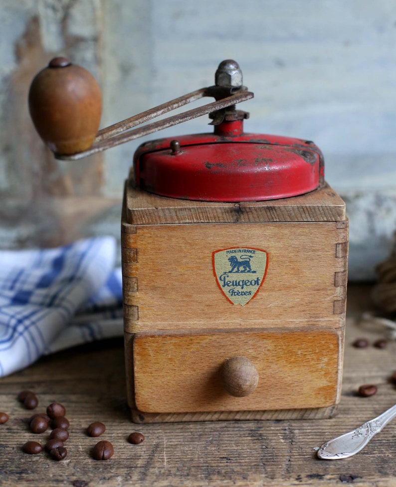 French Kitchen Vintage Red Peugeot Freres Wooden Coffee GrinderMill Mid Century