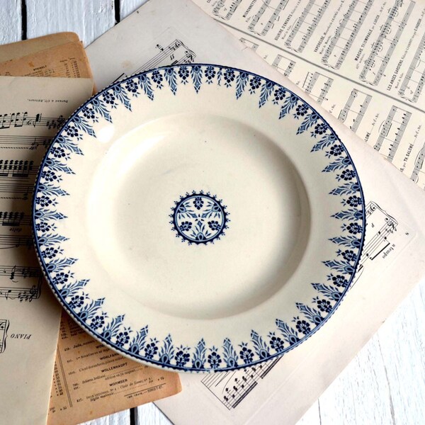 Antique French Ironstone Dish Sarreguemines & Digoin Blue Transferware Bowl Alger