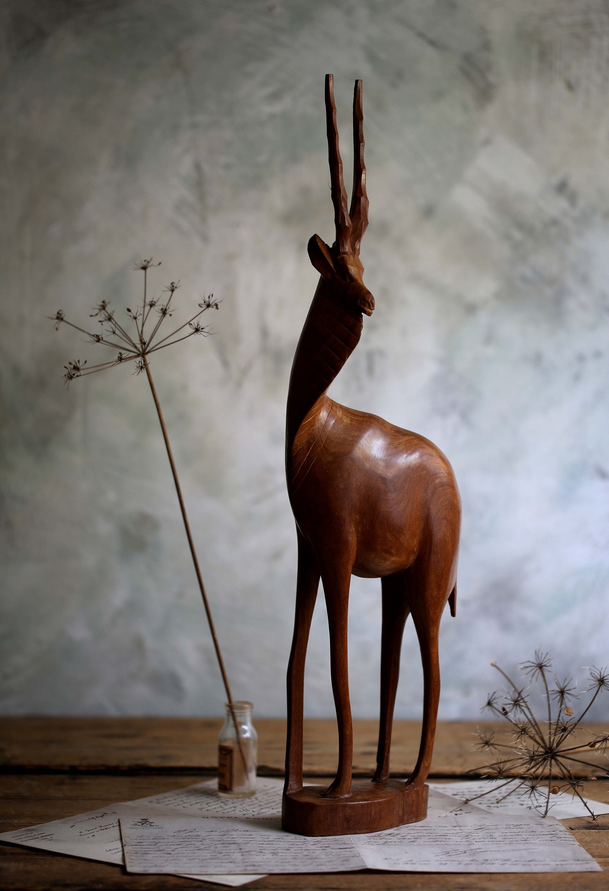 Large Mid Century Gazelle Statue Wooden Carved Impala