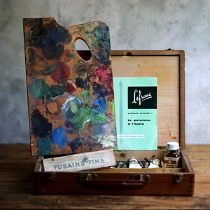 Vintage French Artist's Case with Pallet Oil Paints Brushes Wooden Artists Tool Chest Art Box