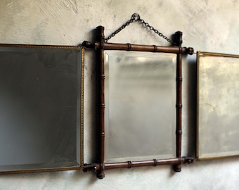 Antique French Folding Vanity Mirror: Foxed Mercury Glass, Faux Bamboo