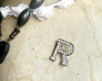 Diamante Letter R Brooch French Vintage Costume Jewelry Alphabet Pin Monogram