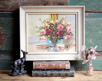 Vintage Pink Roses Oil Painting: Mid-Century Floral Still Life