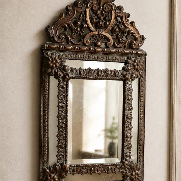 Coussin Antique en Repousse, France, Bronze, Ancien Miroir Box, Napoléon III, 1800