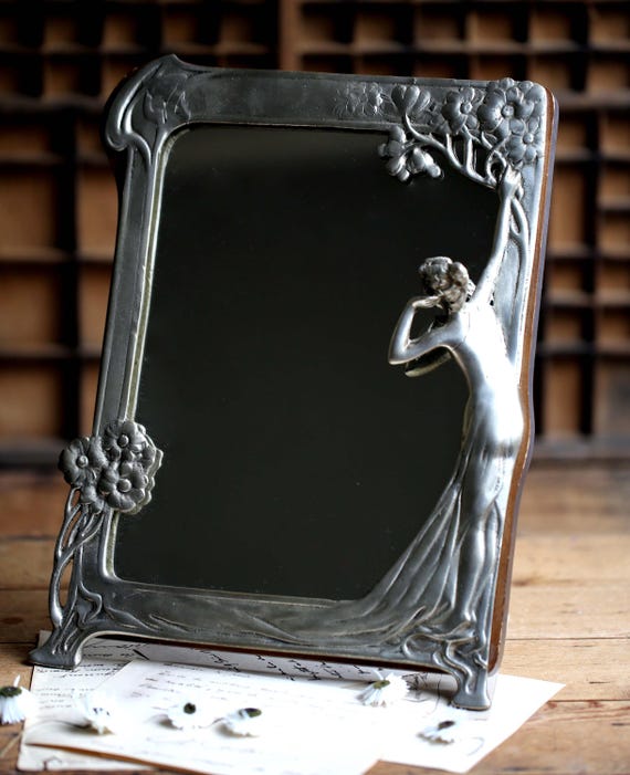 Antique Art Nouveau Mirror WMF The Echo Silver Plate Frame With Lady Dressing Table