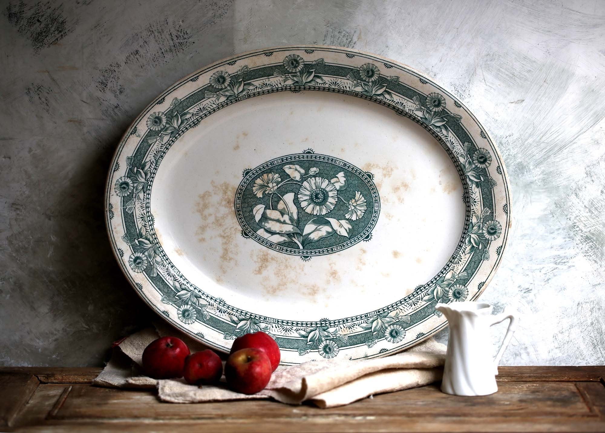 Grande Assiette de Viande Antique Anglaise d'art et d'artisanat Servant Un Plateau Transfert Vert Ch