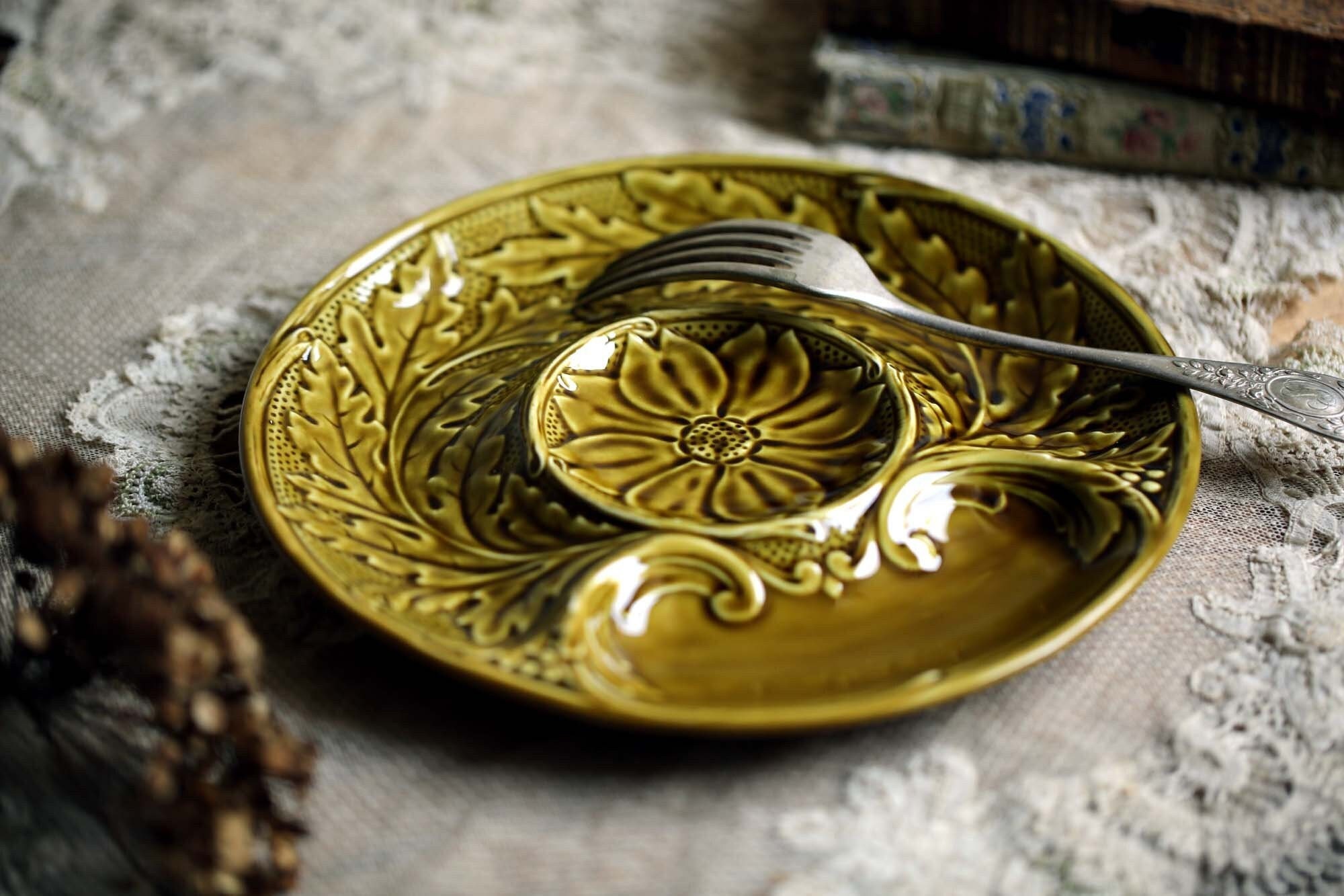 Vintage Français Gien Plaque d'artichaut Assiette à Fondue Pierrade Majolique Verte