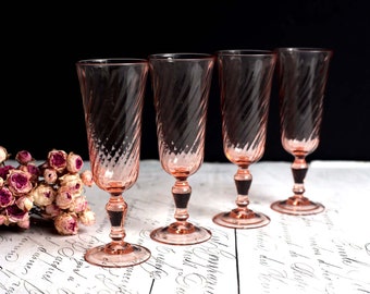 Set of 4 French Pink Glass Champagne Flutes Champagne Vintage Luminarc Rosaline Pink Swirl Glasses