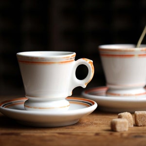 2 Antique Bistro Coffee Cups Old White with Orange Stripes Cafe Brulot Pair of Espresso Cups & Saucers image 3