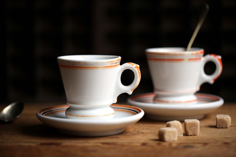 2 Antique Bistro Coffee Cups Old White with Orange Stripes Cafe Brulot Pair of Espresso Cups & Saucers image 3