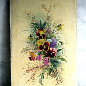 Original Français peinture à l'huile par M Carriere Art floral antique nature morte pensées image 5