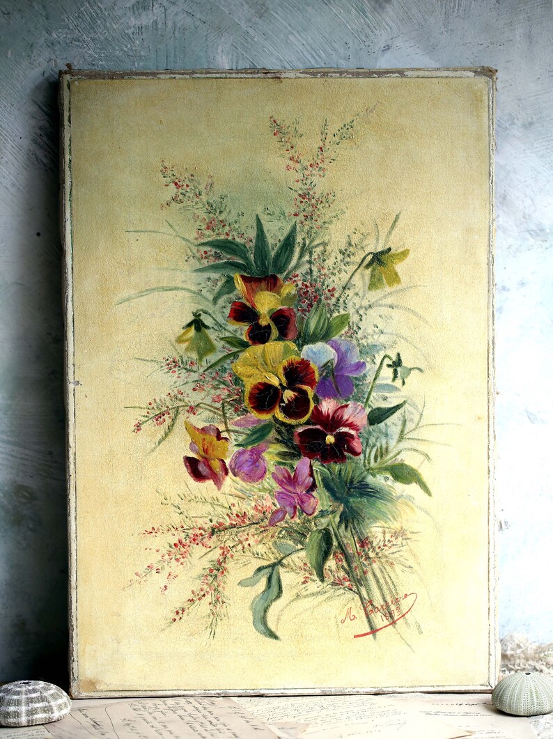 Original Français peinture à l'huile par M Carriere Art floral antique nature morte pensées image 5