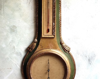 Antique Barometer Thermometers Louis XIV Style Green & Gilded Wood French Neoclassical Weather Instrument