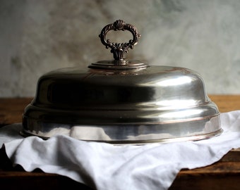 Large Antique French Silver Food Dome Oval Cloche Bell Cheese Dome Vintage Food Cover