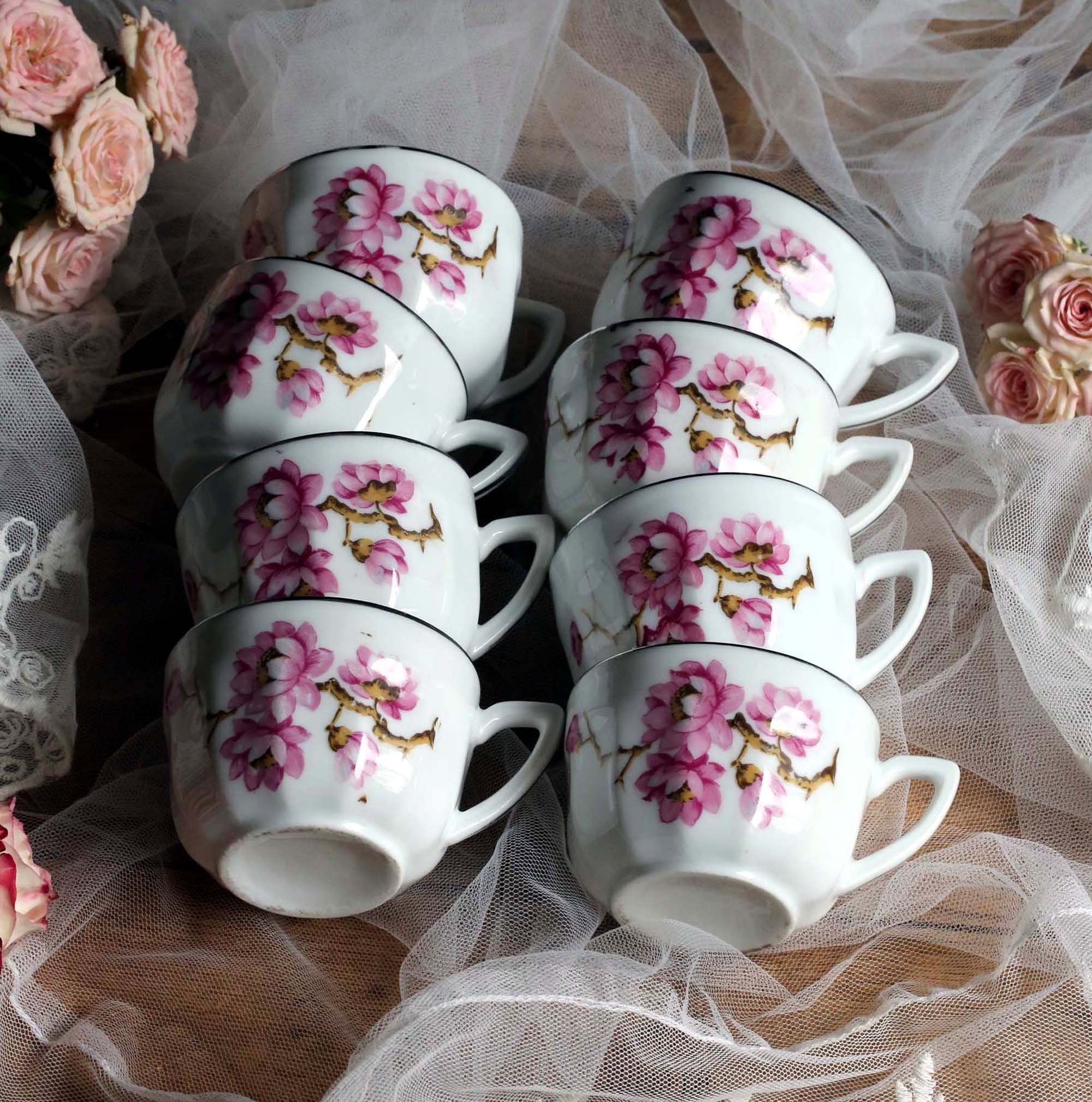 Ensemble de 8 Tasses à Thé en Porcelaine Florale Rose et Blanche ou Café Vintage Français Fine China