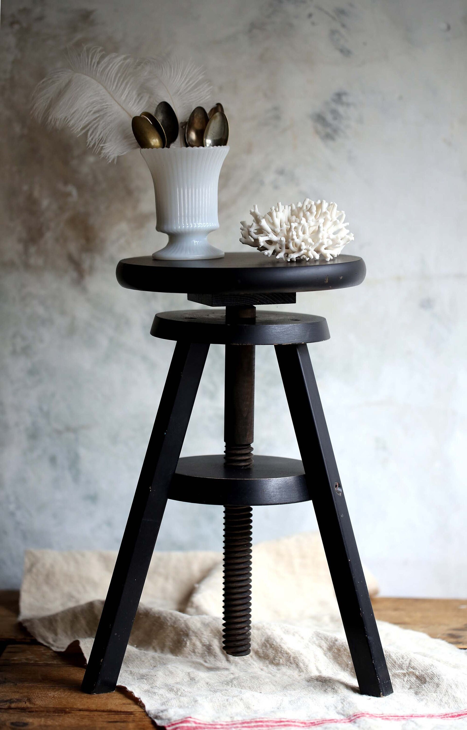 Français Piano Tabouret Vintage Rond Réglable Bois Artistes Siège Noir Style Industriel Milieu Siècl