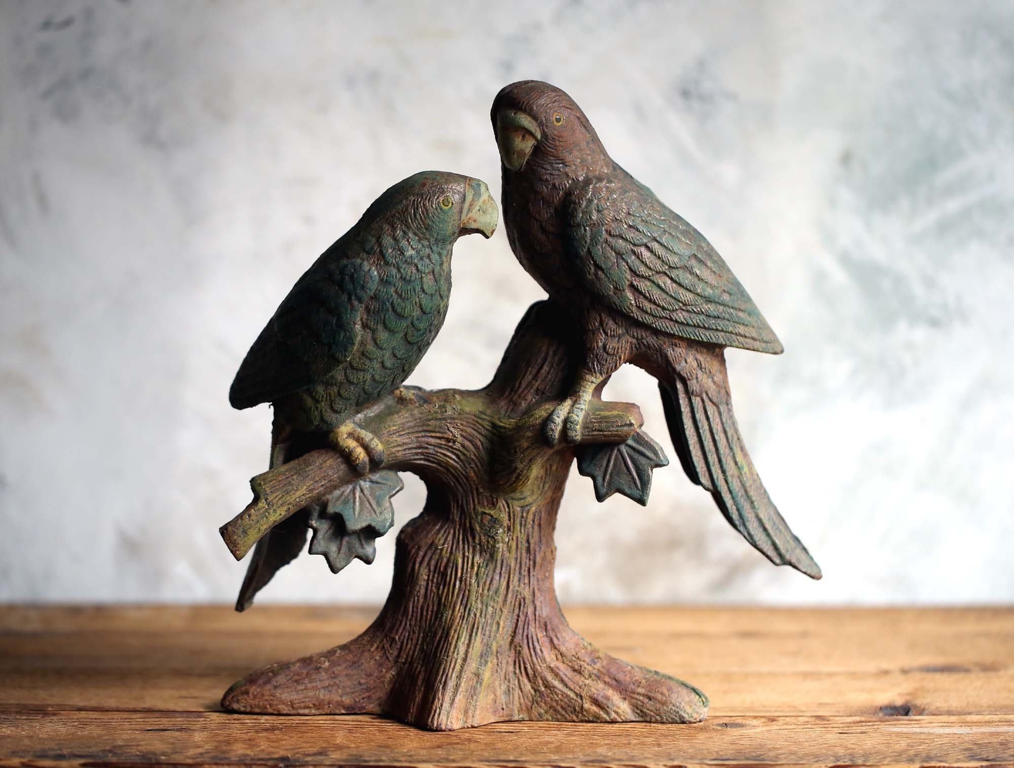 Perroquets en Fonte Français Perruches Statue Grande Figurine Antique Métal Vert Amour Oiseau Orneme