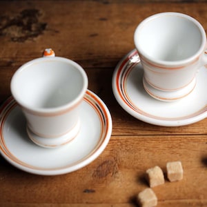 2 Antique Bistro Coffee Cups Old White with Orange Stripes Cafe Brulot Pair of Espresso Cups & Saucers image 4