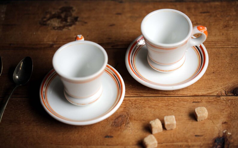 2 Antique Bistro Coffee Cups Old White with Orange Stripes Cafe Brulot Pair of Espresso Cups & Saucers image 4