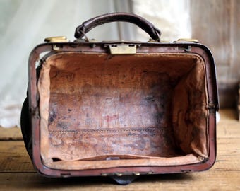 Antique French Leather Doctor Bag Brown Battered Old Frame Handbag