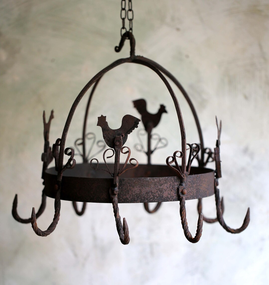 Antique Pan Rack French Hanging Wrought Rusty Iron Kitchen Hanger Round ...
