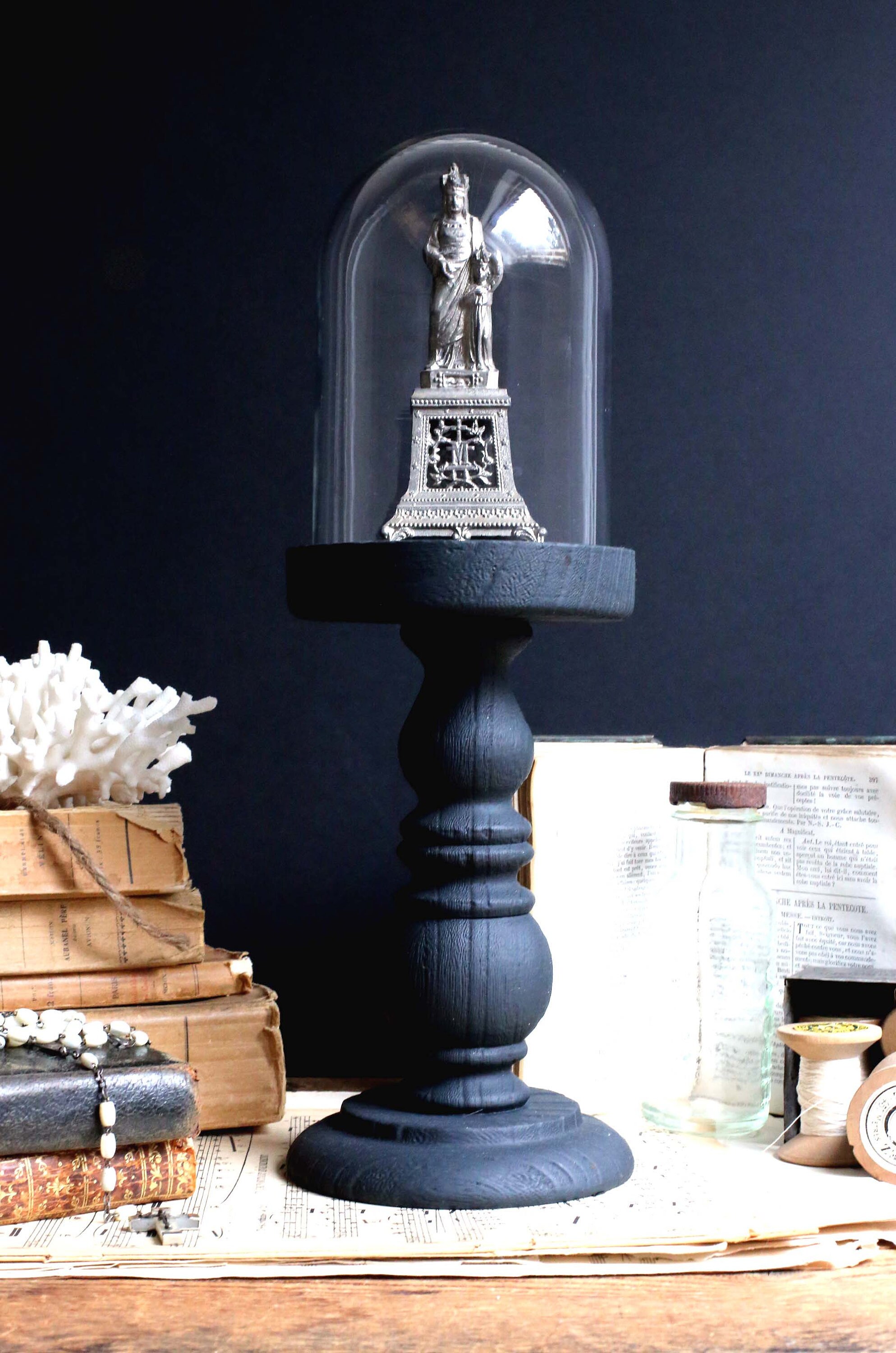 Dôme de Verre Sanctuaire Niche Reliquaire avec Antique Français Sainte Anne & Vierge Marie Statue Pi