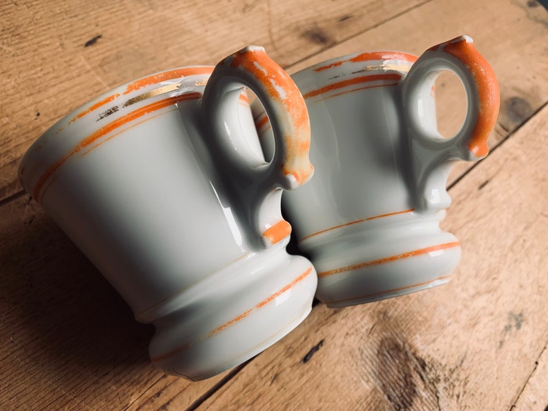 2 Antique Bistro Coffee Cups Old White with Orange Stripes Cafe Brulot Pair of Espresso Cups & Saucers image 5