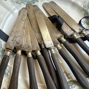 Set Of 10 French Table Knives Cutlery Flatwear Ebony Handles Steel Blades Landreau Angers