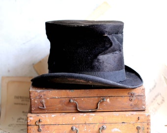 Tatty Antique French Black Silk Top Hat Gentleman's Black Stovepipe Hat Pasquier Montrichard Beaver Hat