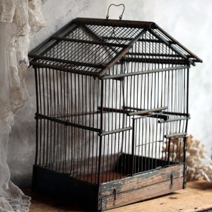 Cage à oiseaux ancienne en fil de fer, France, bleu en bois