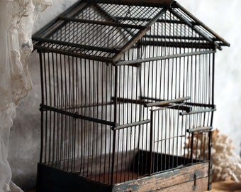 Antique Wire Bird Cage French Blue Wooden Birdcage