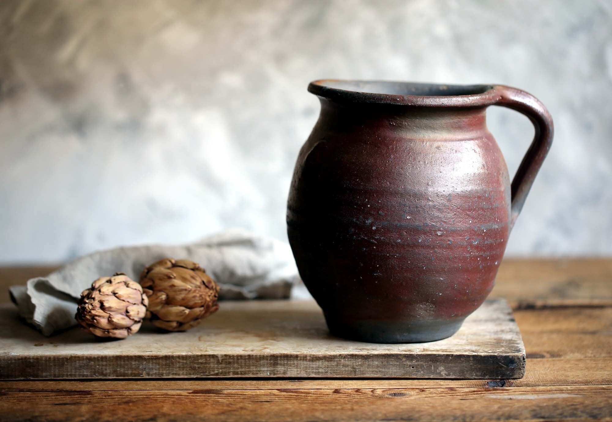 Grand Pichet à Vin Antique Français Pot Rustique Primitive Jug Vintage Porte-Ustensiles