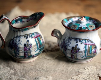 Antique French Boch Freres Canton Creamer and Sugar Bowl Set Chinoiserie